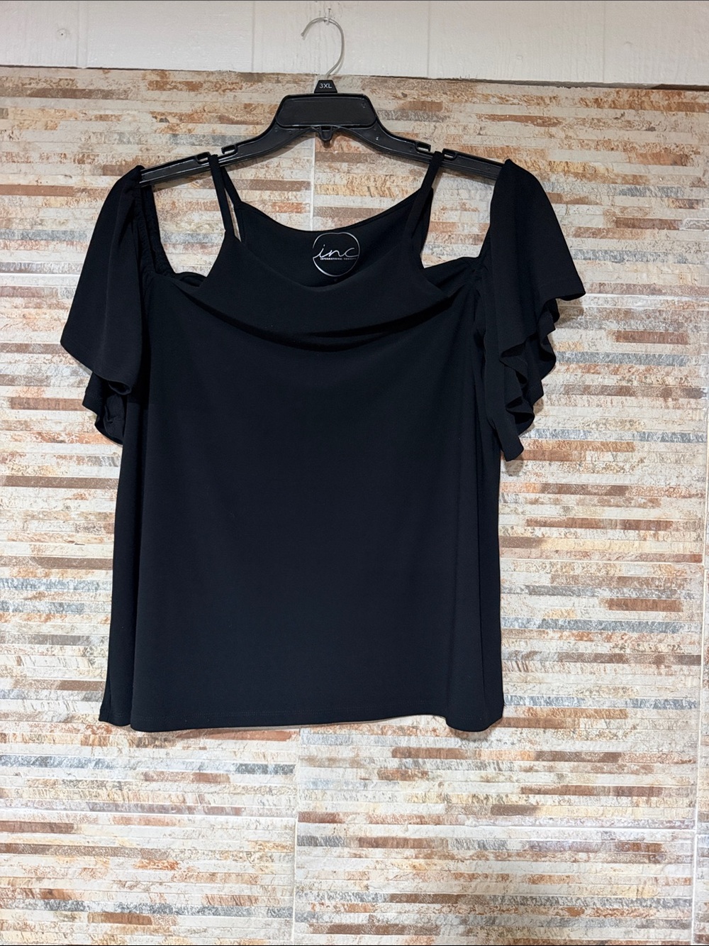 INC International Concepts Black Cold-Shoulder Ruffle Top